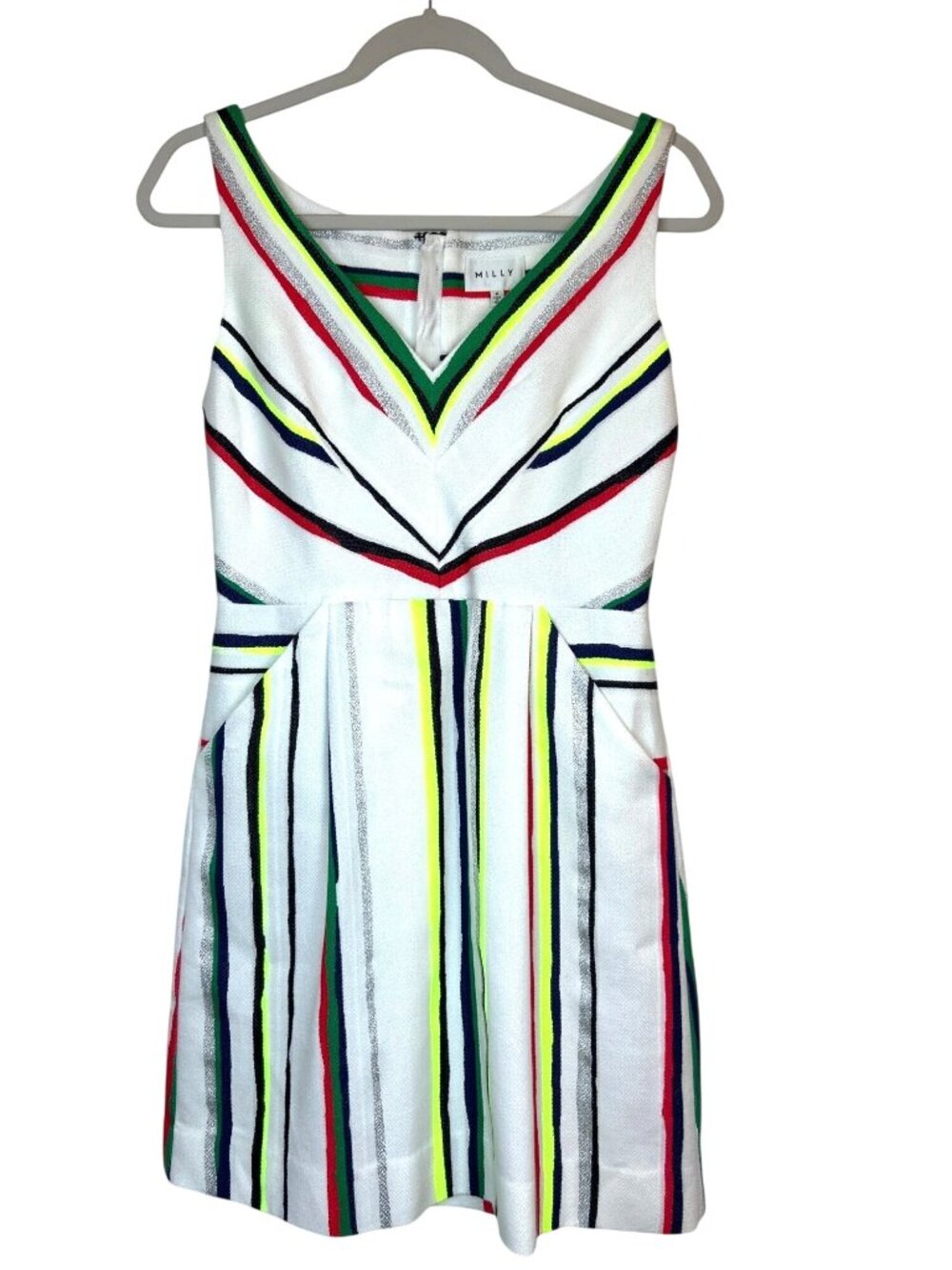 MILLY St Tropez Allison Dress Sz 4 A-Line Sleeveless V-Neck Neon Stripes Chic